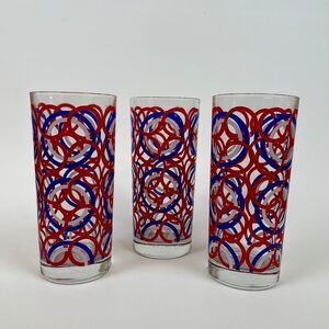 Set of 3 Glass Tumblers Interlocking Red White Blue Circle Pattern Made In Italy